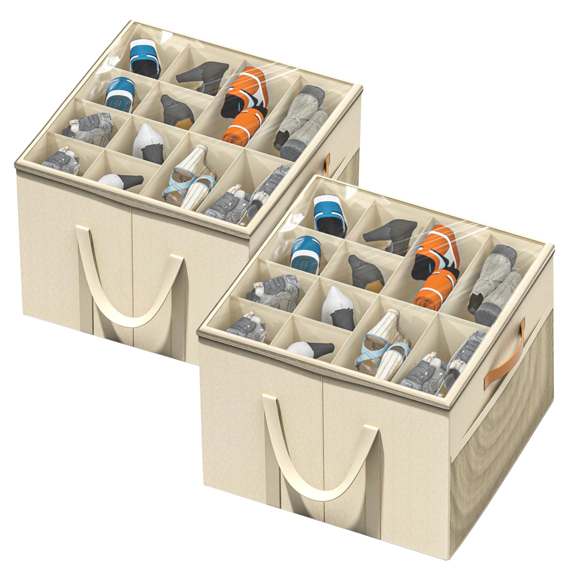 Aokeyee Shoe Storage Organizer for Closet, 2 Pack Shoe Box Storage Containers with Clear Cover and Reinforced Handles, Fits 16-32 Pairs, Beige