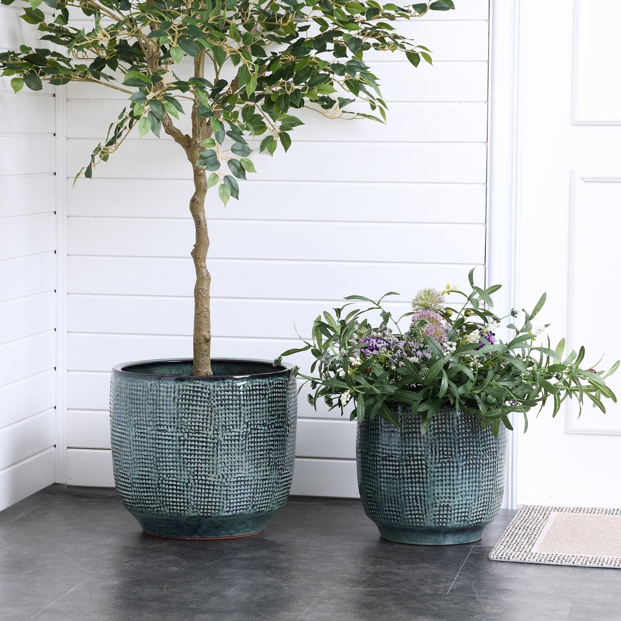 LuxenHome 12" Dia Large Ceramic Planter Pots for Plants, Teal Green Glazed Round Planter with Drainage