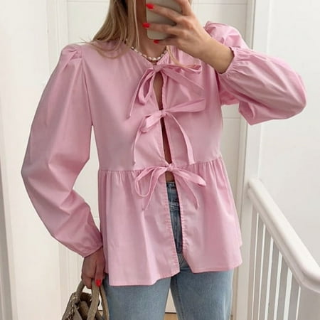 Y2K Babydoll Tops for Women Front Tie Puff Sleeve Peplum Blouses Bandage Lace Up Ruffle Hem Shirts Cute Summer Tops