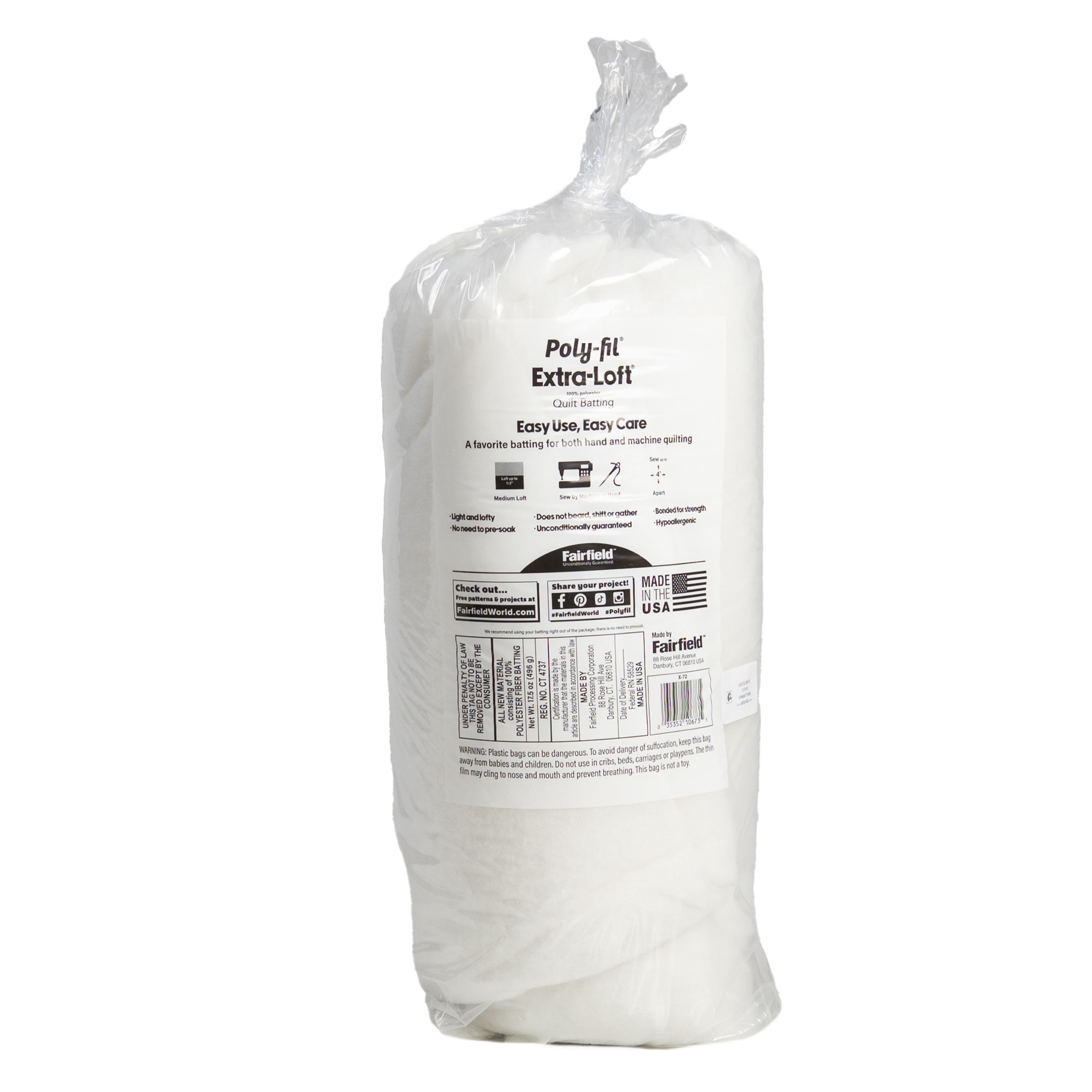 (3 pack) Fairfield Poly-Fil Extra-Loft Quilt Batting, Premium Polyester Batting for Quilting, Ideal for Throw Pillows and Lap Quilts, Quilting Supplies, Medium, 72" X 90", White