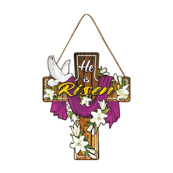 Darzheoy Easter Door Sign He Is Risen Hanging Decor Religious Cross Sign Easter Wreaths for Front Door Outside Christian Flowers Door Hanger for Farmhouse Front Door Porch Wall Decor