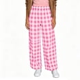 thumbnail image 4 of Pounoo Wide Leg Pants for Women Elastic High Waist Plaid Pattern Gathered Detail Loose Fit Trousers Beach Vacation Style Airy Soft Bottoms, 4 of 6