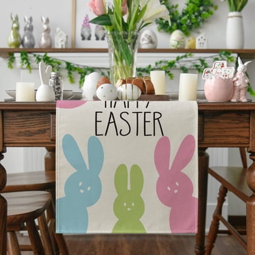 Dvkptbk Easter Bunny Napkin Table Runner 5-piece Set Easter Printed Linen Imitation Heat Insulation Table Pad Table Towel(4 * Napkin + 1 * Table Runner)