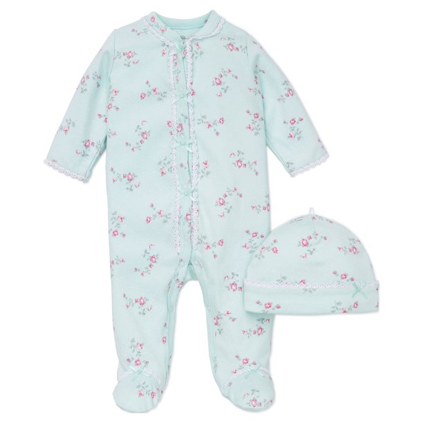 Little Me Little Me Floral Spray Flower Snap Front Footie Pajamas with Hat For Baby Girls