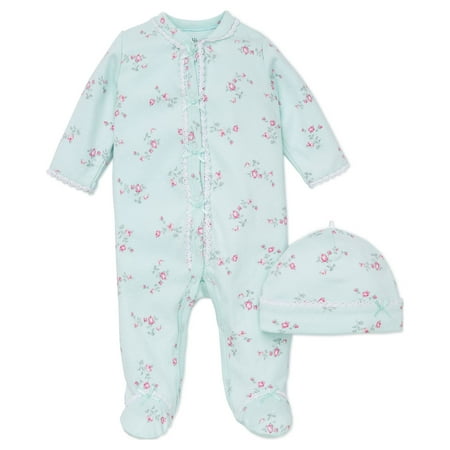 Little Me Floral Spray Flower Snap Front Footie Pajamas with Hat For Baby Girls Sleep N Play One Piece Romper Coverall Infant Footed Sleeper; Pijamas Para Bebes- Green and Pink - Preemie