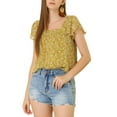 thumbnail image 1 of BLUSA FLORAL PARA MUJER INSPIRADA EN SAN VALENTÍN, CASUAL DE VERANO, CUELLO CUADRADO, MANGA CORTA DE CHIFÓN, CON VOLANTES, TALLA XS, COLOR AMARILLO, 1 of 8