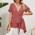 thumbnail image 3 of Blusa larga de lunares suizos Cintura con lazo Mangas con volantes Ribete de encaje Dobladillo curvo Blusa tipo túnica con cuello en V Top, 3 of 6