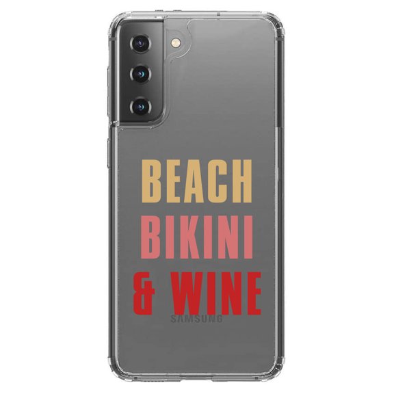 DistinctInk Clear Shockproof Hybrid Case for Galaxy S21  PLUS 5G (6.7" Screen) - TPU Bumper Acrylic Back Tempered Glass Screen Protector - Beach Bikini & Wine