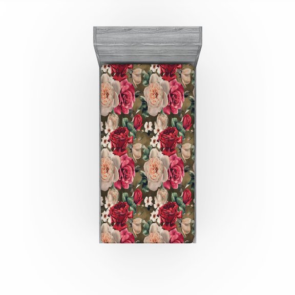 Ambesonne Peony Pattern Fitted Sheet, Delicate Flowers Boho, Twin Size, Jade Green Dark Pink