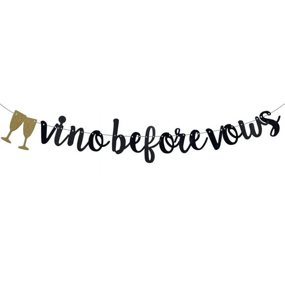 Vino Before Vows Banner Pre-Strung Garland for Bachelorette Bridal Shower Engagement Party Wine Winery Party Decorations (Black Glitter)