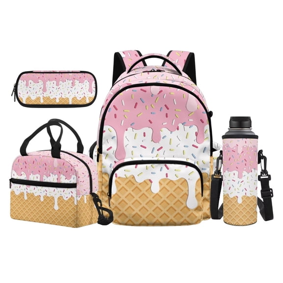 Garronmavis Pink Sprinkle Ice Cream Cute Backpack Bundle, 17 Inch Casual Girls School Bag Includes Lunch Tote, Pencil Bag and Water Bottle Protector for Outdoor Travel