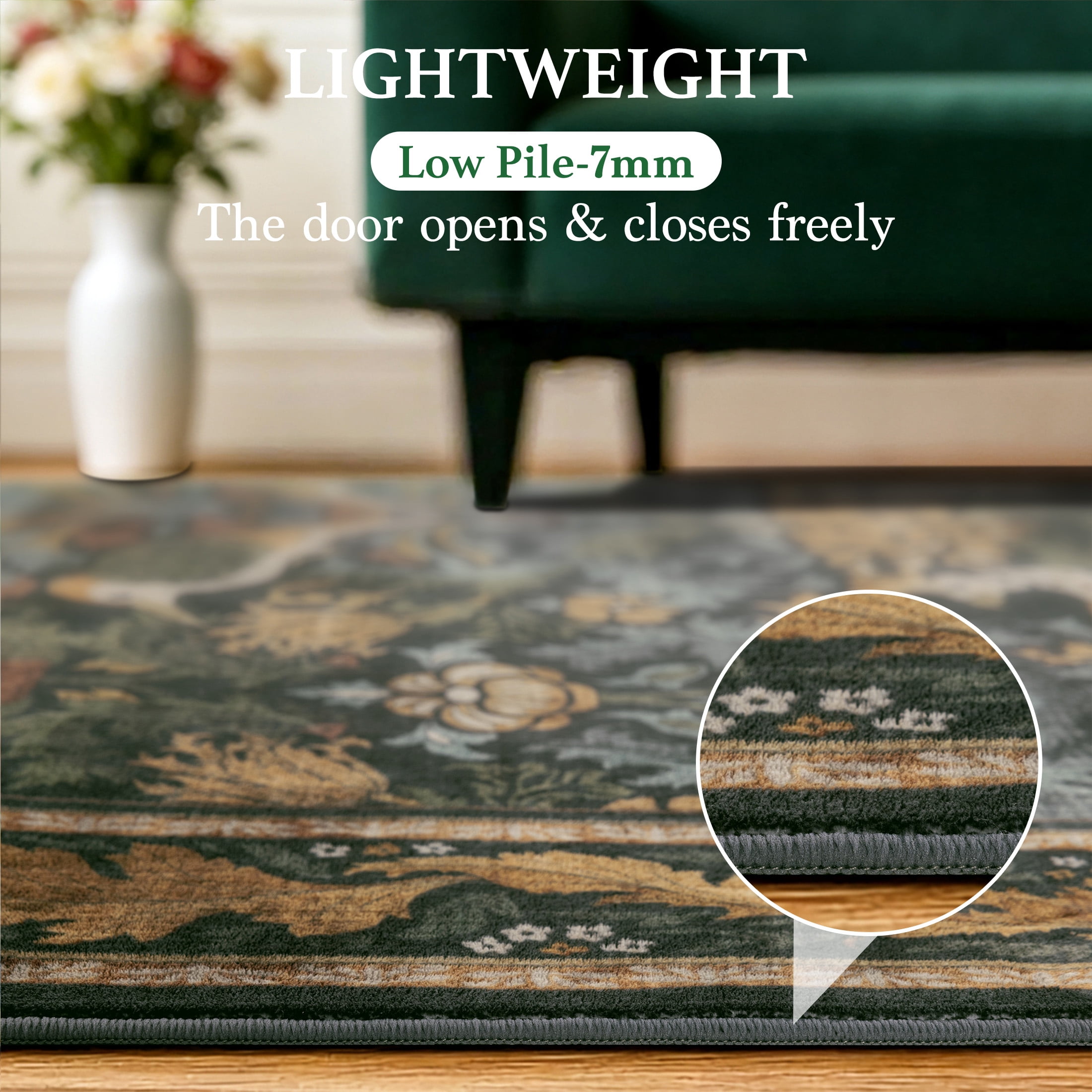 SORONO KATE 9'x12' Floral Bird Area Rugs for Living Room, Machine Washable Oriental Vintage Distressed Non Slip Soft Indoor Area Carpet, Forset Green