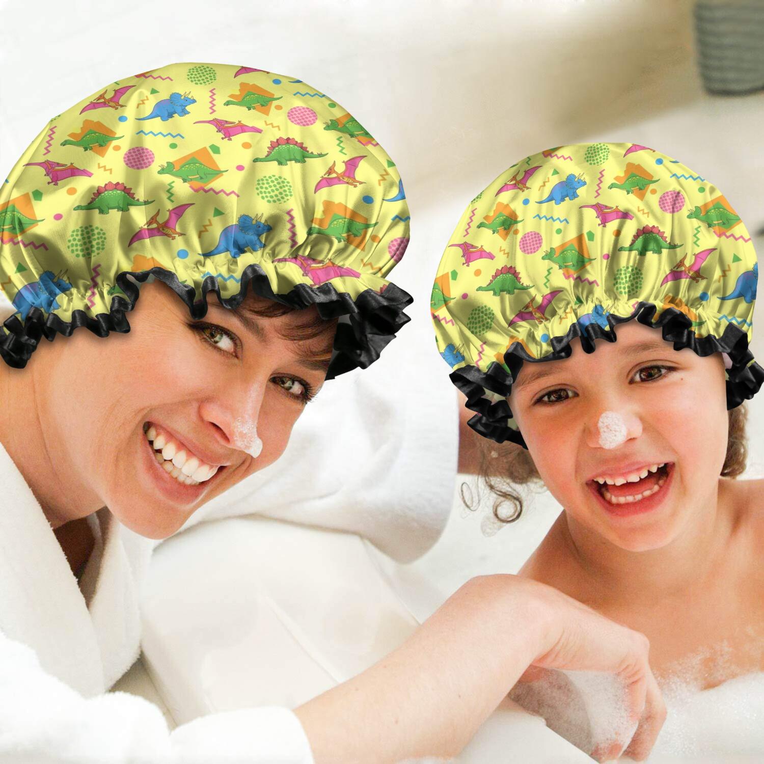 Shower Caps,Yellow Dinosaurs Geometric Pattern Waterproof Shower Cap for Women 4 Pieces,Double Reusable Hair Cover for Shower PEVA Elastic Stretch Hem