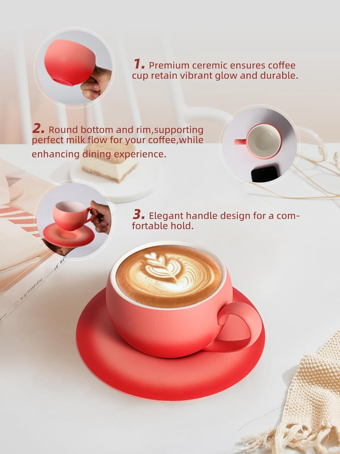 ABCISI Ceramic Coffee Cup with Saucer, 8.8 Oz  Lovely Round Shape Cafe Cup with Excellent Insulation Properties for Latte, Cappuccino, Espresso, Mocha, Coffee, Tea Cup Set,Pink