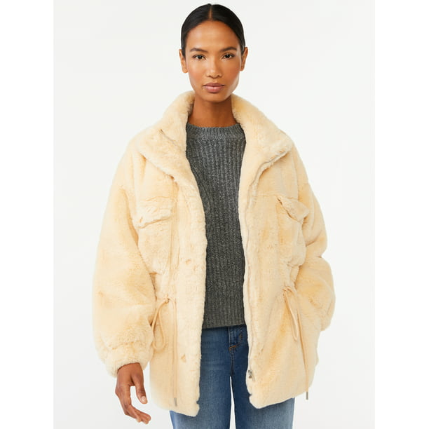 Scoop Women's Faux Fur Oversized Jacket with Cinch Waist