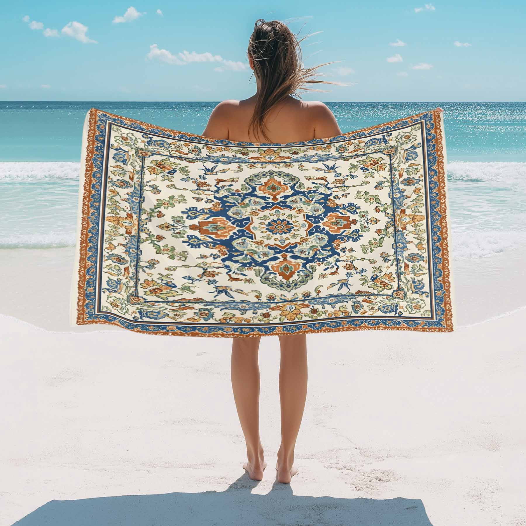 Boho Vintage Beach Towels Blanket Soft&Absorbent Quick Dry Microfiber Ethnic Tribal Aztec Floral Pattern Pool Towels for Swimming ,Yoga, Sports, Gym, Camping,Large 30X60in, Beige