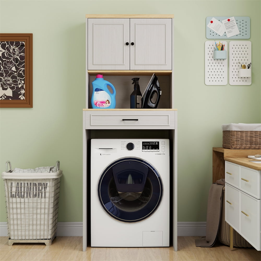 YINGYING  Over The Washer and Dryer Storage Shelf, Wooden Laundry Room Storage Organizer with 1 Door & Adjustable Shelf