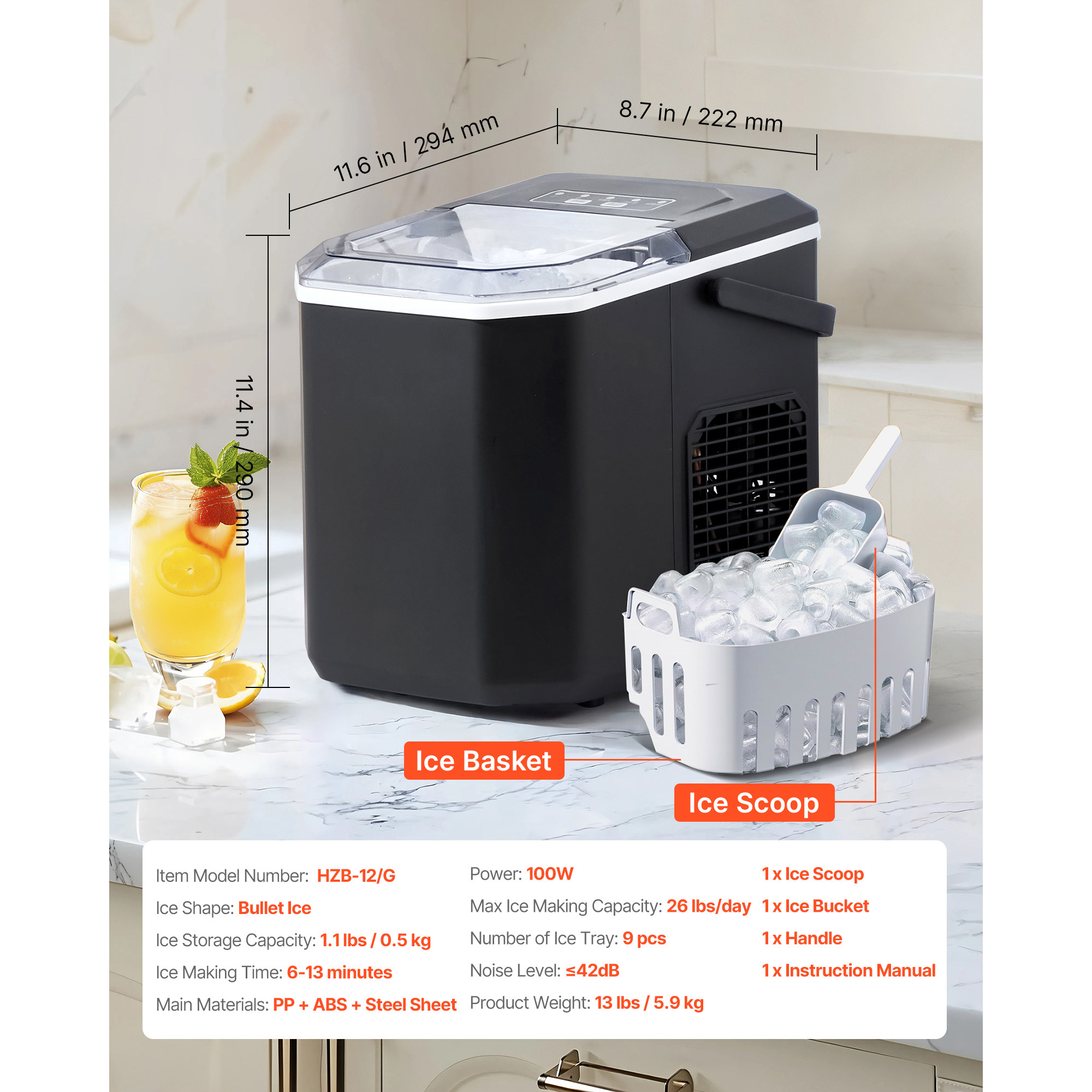 KFFKFF Countertop Ice Maker, Produces 9 Ice Cubes in 6 Minutes, 26lbs Daily Capacity, Portable Ice Machine with Self-Cleaning Function, Includes Ice Scoop and Basket, Offers Two Sizes of Bullet Ice