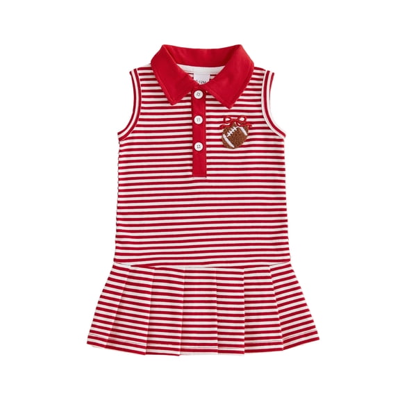RUINIXCW Toddler Baby Girl Football Dress Outfit Infant Girl Summer Fall Tank Dress Rubby Embroidery Sleeveless Turn Down Collar Stripe Pleated Dress