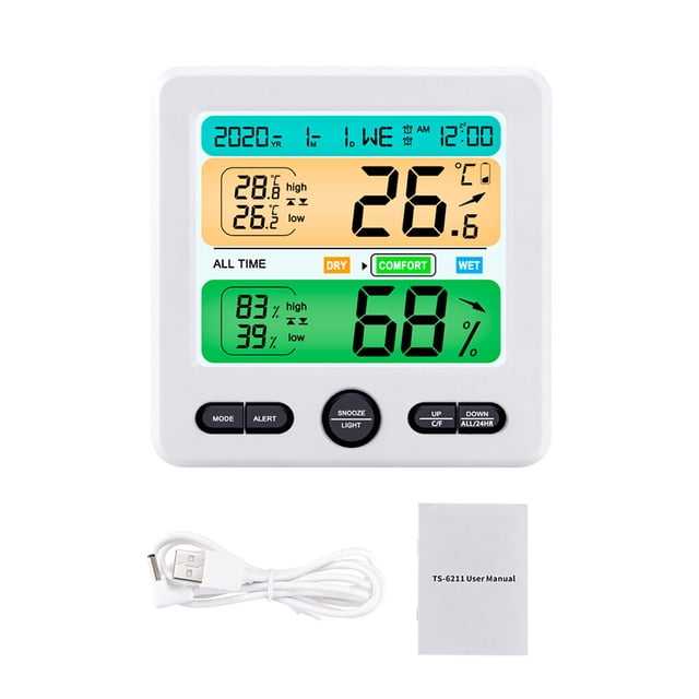 Moyic Termómetro digital Higrómetro Reloj Pantalla HD Despertador con unidades duales Alarmas duales Medidor interior Medidor electrónico Termómetros Blanco Moyic HA004059-01