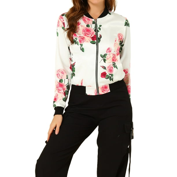 Chaqueta bomber para mujer Inspire Chic, corte slim, ligera, con cierre, talla XL, blanca y rosa