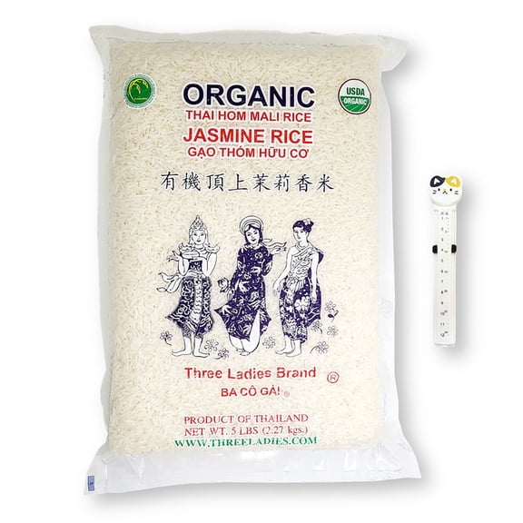 Three Ladies ORGANIC Thai Hom Mali Rice Jasmine Rice 5 lbs. (2.27 kgs) with Bonus Animal Design Calendar Bag Clip (2-Pc Set)