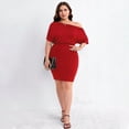 thumbnail image 5 of Plus Size Womens Red High Waist Bodycon Midi Dress One Shoulder Knitted Summer Dress, 5 of 6