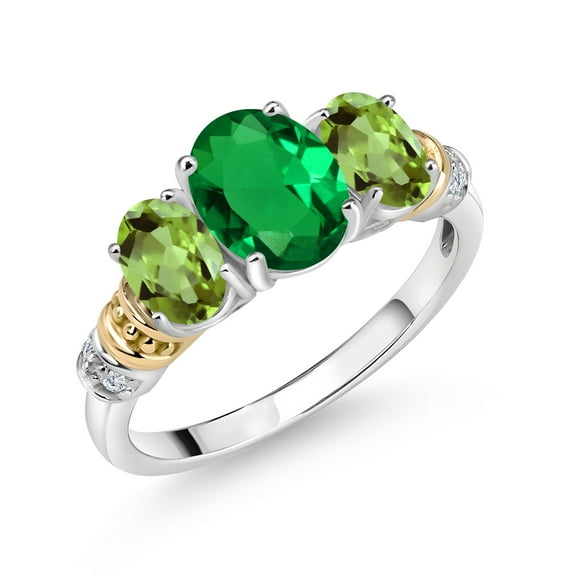 Gem Stone King 925 Sterling Silver and 10K Yellow Gold Oval Green Nano Emerald Green Peridot and White Diamond 3 Stone Ring for Women (1.78 Cttw, Gemstone May Birthstone, Size 5)