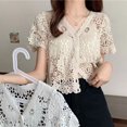 thumbnail image 3 of Women Summer French Style Short Sleeve Lace Shrug Hollow Out Crochet Knit Bolero Cardigan V-Neck Button Down Sheer Crop Top Jacket Beachwear, 3 of 9