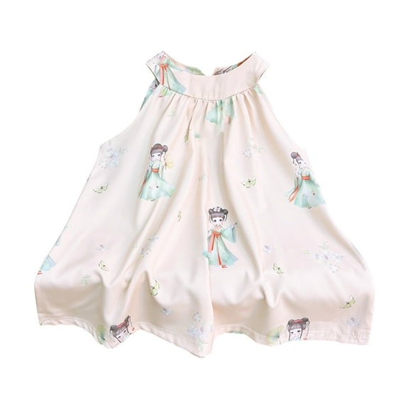 Ruyang Toddler Sleeveless Dress Cute Print A-Line Summer Smocked Dresses Crew Neck Comfy Baby Girls Casual Pleated Dresses