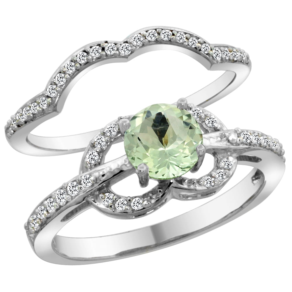 14K White Gold Natural Green Amethyst 2-piece Engagement Ring Set Round 6mm, size 5 by Gabriella Gold