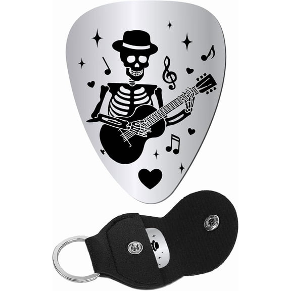 Guitar Pick Triangle Plectrums Gothic Stainless Steel Acoustic Electric Rock Picks with PU Leather Pouch Keyring Accessories for Bass Guitar Lovers Musician 1.26 x 1 inch