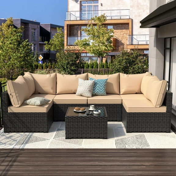 Phonjoroo Patio Furniture Set 7 Pieces Outdoor Patio Furniture Wicker Sectional Furniture Sofa Conversation Sets with Cushions All Weather Outside Patio Seating (Khaki)