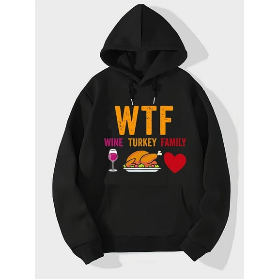 Men'S Funny WTF Wine Turkey for family Thanksgiving Hooded Sweatshirt - with Turkey & Wine Print Pullover Hoodie, All-Season Casual Sweater for Holiday Parties, for family Gatherings & Casual Attire,