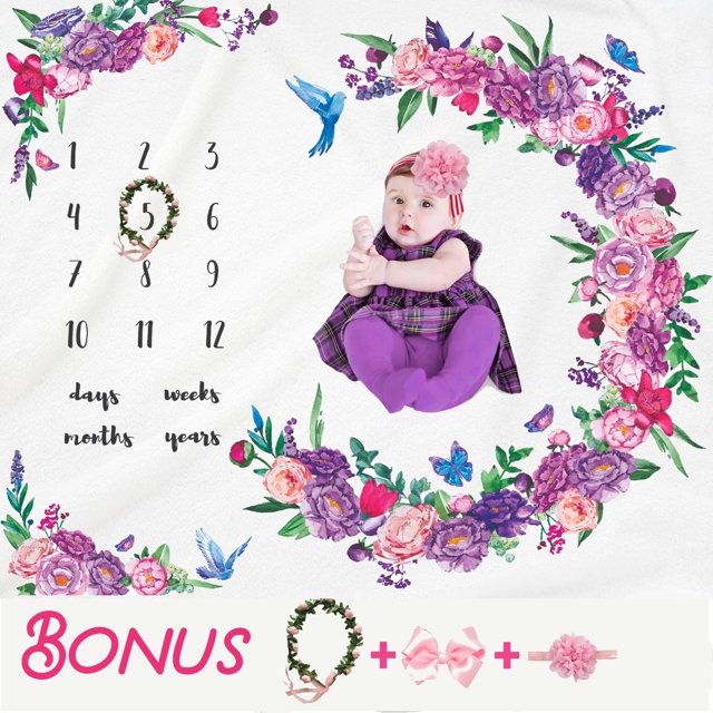 Baby Monthly Milestone Blanket For Girl Bonus Headband & Floral Wreath