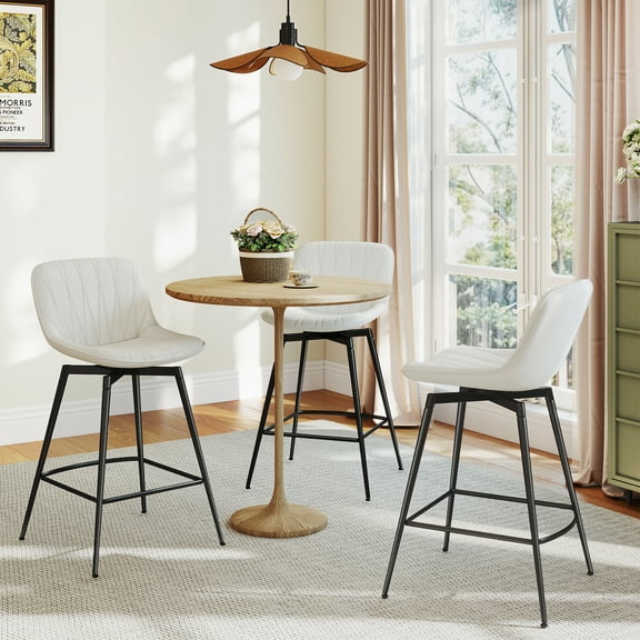 RTVR 30" Swivel Upholstered Bar Stools Set of 3 with Back & Footrest, Counter Height Bar Chairs for Kitchen Island, Faux Leather in White