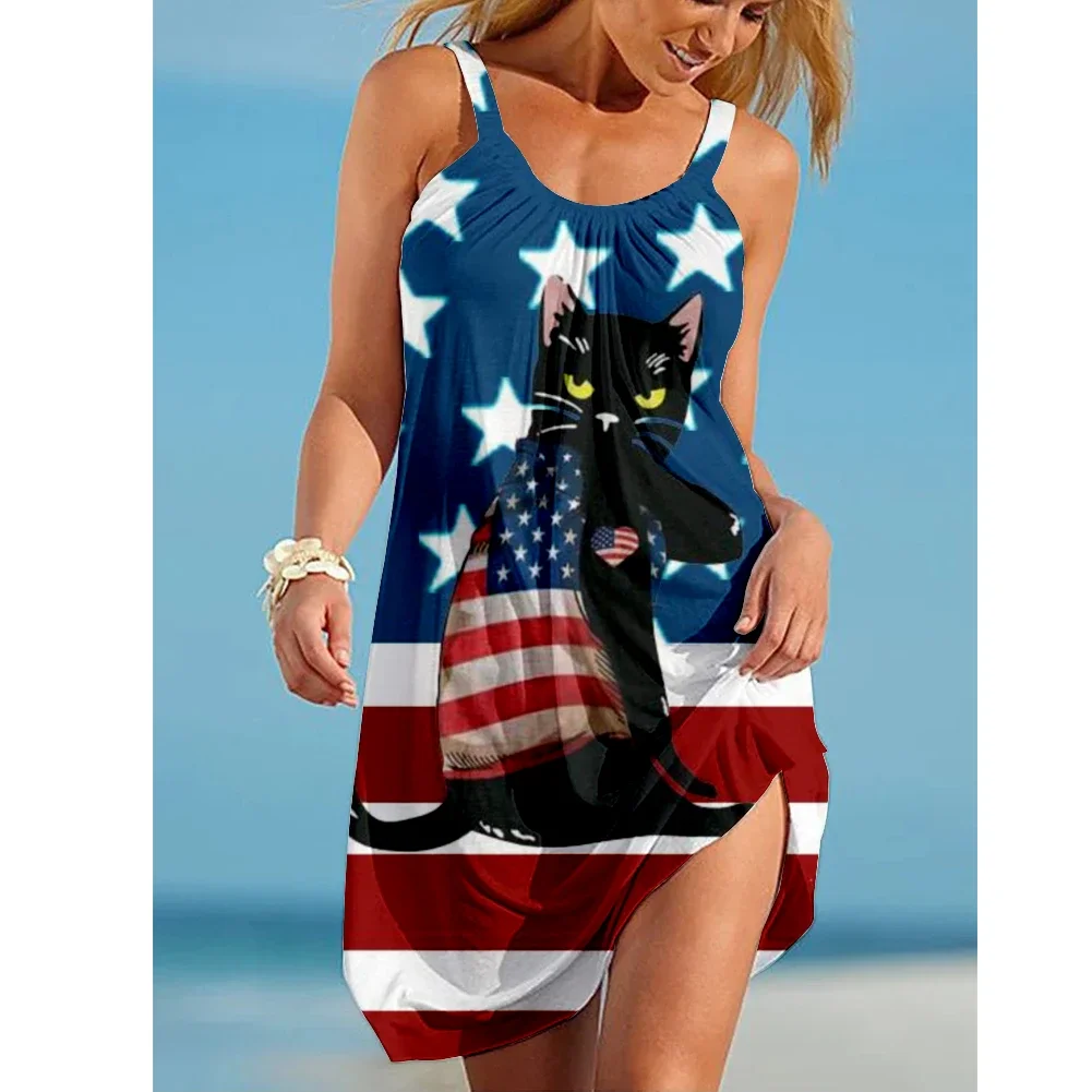 Robe a bretelles style boheme pour femmes tenue decontractee a bretelles spaghetti drapeau americain avec col en fibre pour la plage et les vacances y2k Walmart