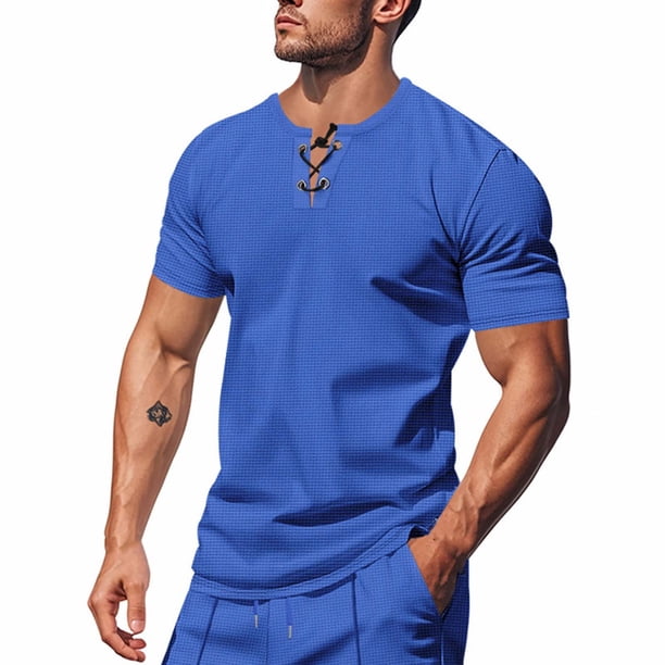 pstuiky camisetas de hombre, Blusas versátiles de manga corta con cuello en V y cordón de color sólido para hombre ropa de hombre m