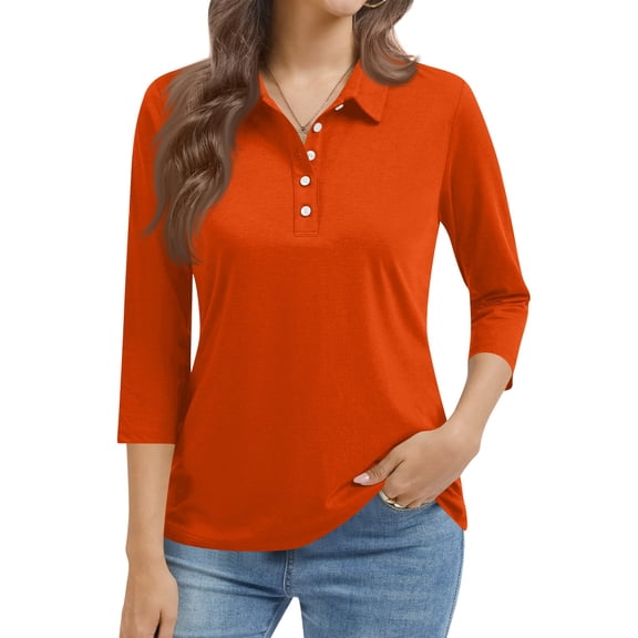 GIPQJK Womens Polo Shirts 3/4 Sleeve Classic Golf V Neck Tops Buttons Collared Moisture Wicking Work Casual Lightweigth Shirts,Saffron 3XL