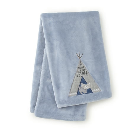 UPC: 0190945094384 | Levtex Baby – Trail Mix Plush Blanket – Appliqued and Embroidered Racoon on Blue Plush – Blue Black Grey – Nursery Accessories – Blanket Size: 30 x 40 in.