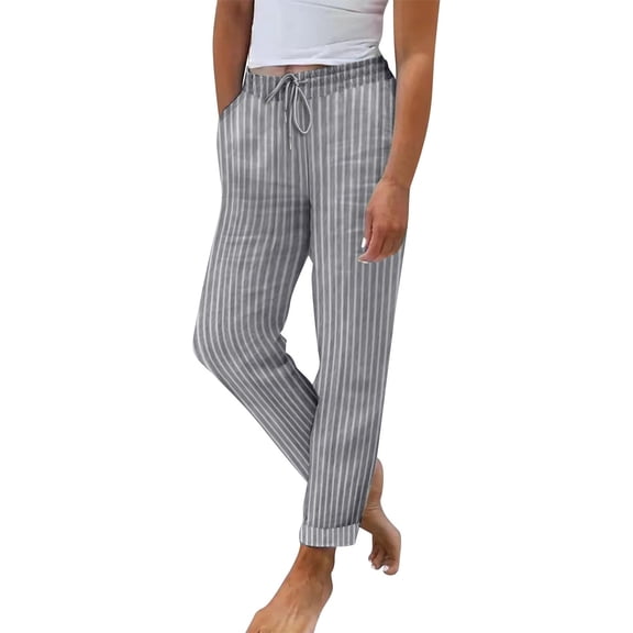 UAMVSH Striped Pants for Women Cotton Linen Wide Leg Trendy Beach Pull on Elastic Waist Loose Fit Flowy Lounge Pants with Pockets