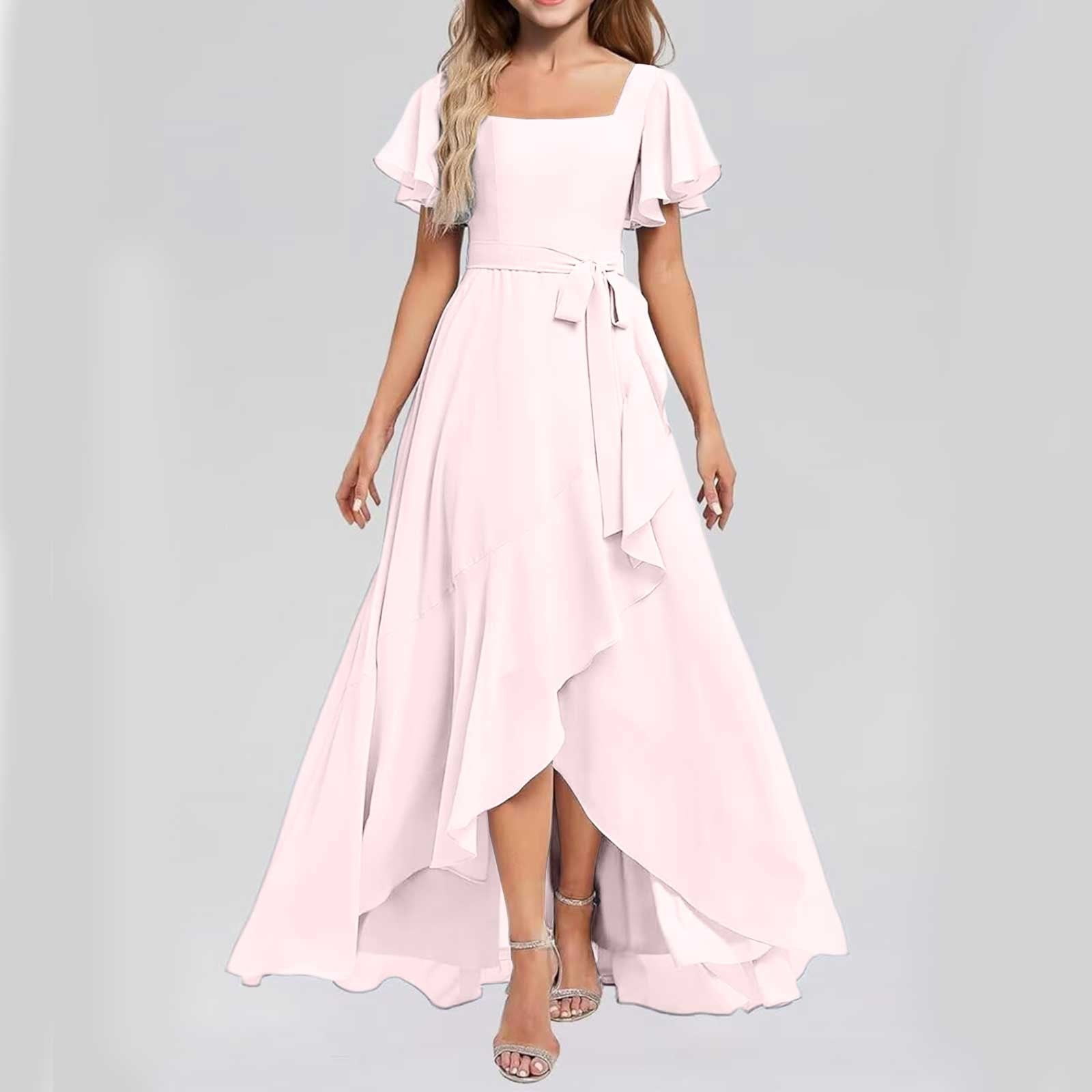EnJoCho Short Sleeve Flower Girl Dress for Wedding, High Low Hem Rufle Chiffon Bridesmaid Gown Junior Formal Special Occasion Party