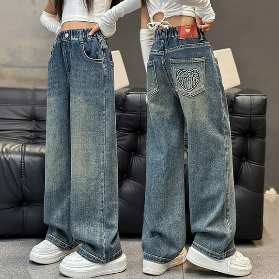 Girls Baggy Jeans Denim Elastic Wasit Wide Leg Baggy Pants Pants for Teen Girls Kids Jeans