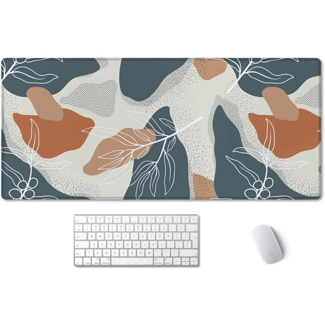 Abstract Flowers & Leaves Extended Gaming Mouse Pad 35.5x15.7in Stable Rubber Base Stitched Edges Ideal for Work, Game, Office & Home