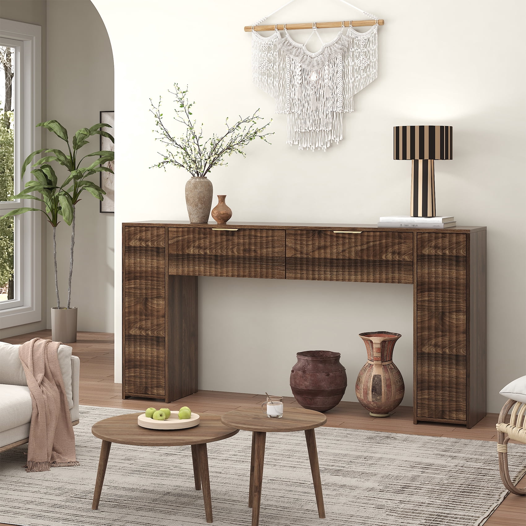 Winkalon 63" Fluted Console Table for Entryway, Modern Entryway Table with 2 Large Drawers, Long Sofa Table Behind Couch for Living Room, Hallway, Couch, Foyer,Brown