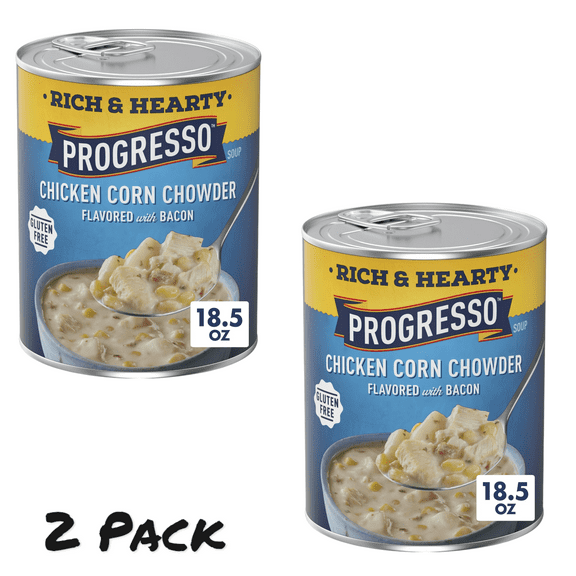 ( 2 Pack ) Progresso Rich & Hearty, Chicken Corn Chowder Canned Soup, Flavored With Bacon, Gluten Free, 18.5 oz.