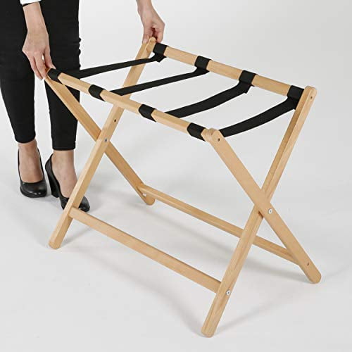 M&T Displays Beech Wood Folding Luggage Rack Travel Suitcase Stand with Woolen Strips for Home Hotel Gym Spa Guest Room 200 lbs Carriage Capacity Natural Wood 18x30 Inches