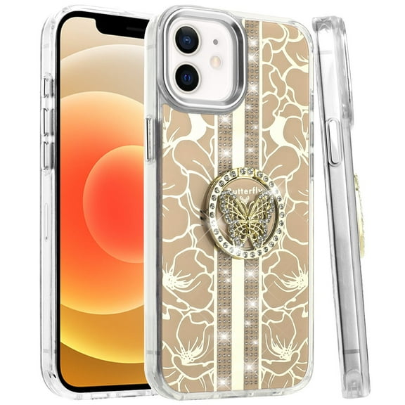 XPM for Samsung Galaxy S25 EDGE Phone Case, Diamonds 3D Butterfly Floral Design Bling Sparkly Glitter Hybrid Metal Fashion with Ring Stand Cover for Galaxy S25 Edge (Gold)