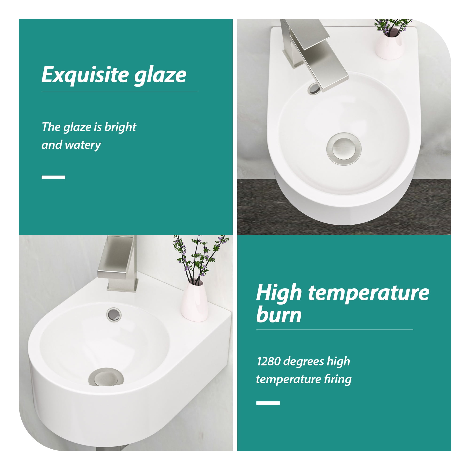 13"×10.44"×4.75" White Ceramic Rectangle Wall-Mount Bathroom Sink with Single Faucet Hole