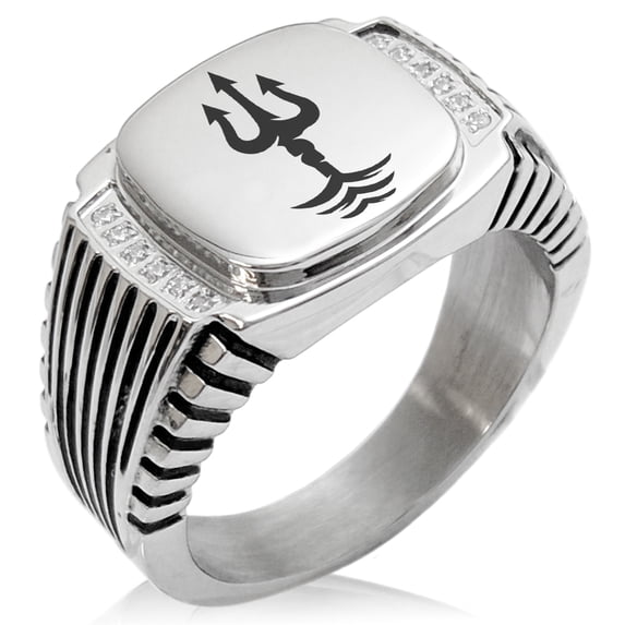 Stainless Steel Poseidon Greek God of Sea CZ Ribbed Needle Stripe Pattern Biker Style Polished Ring